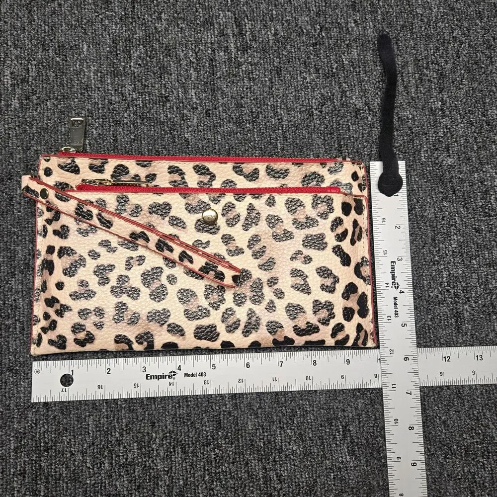 Chicos Leopard Print Wristlet Wallet Set Faux Leather Red Trim Two Piece Clutch
